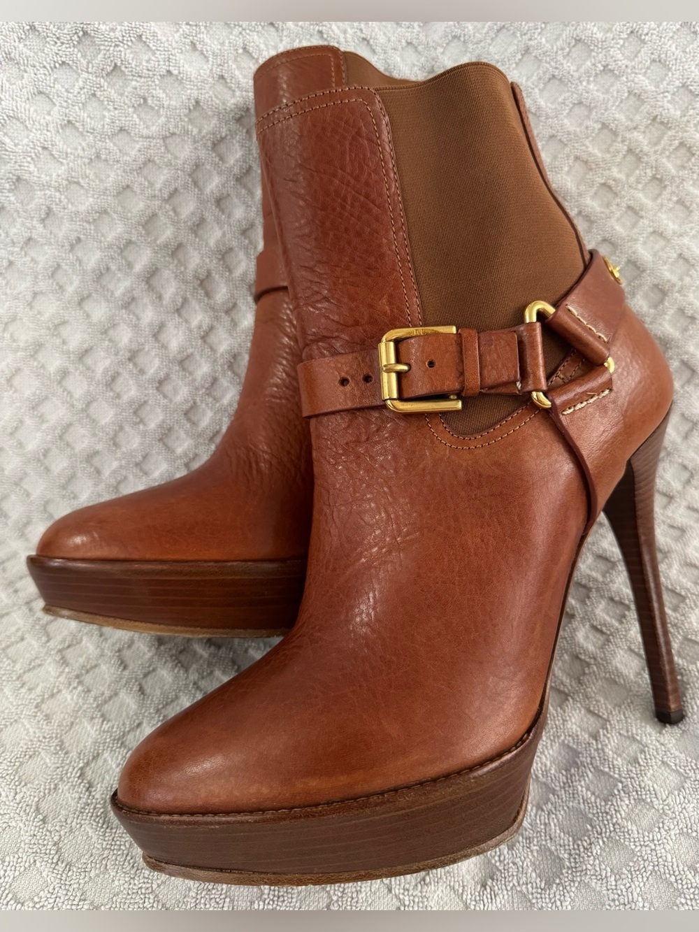 Ralph Lauren Collection Harness Boots Womens 9.5 B Brown Leather Platform Italy